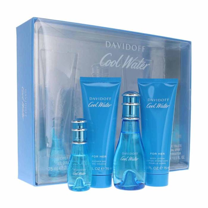 Davidoff Cool Water perfume set with blue bottles and packaging on a white background Monza Outlet