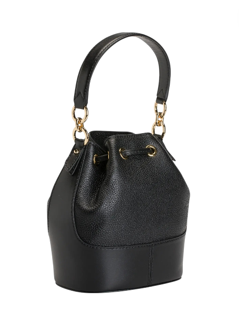 Black leather bucket bag with gold accents on a white background, Michael Kors, Monza Outlet, Monza Fashion, Shein Outlet