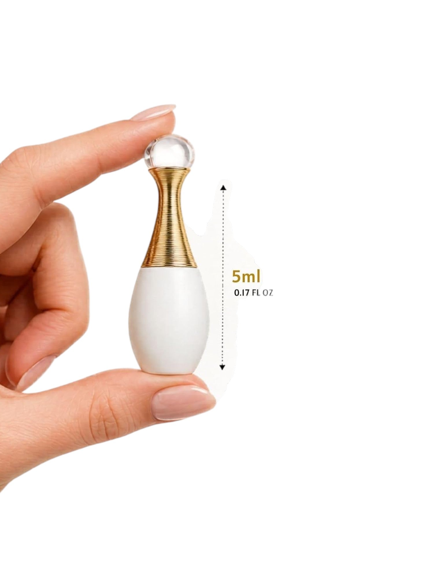 Small white bottle with gold cap held between fingers, labeled 5ml on a white background. Dior, Monza Outlet, Monza Fashion, Shein Outlet