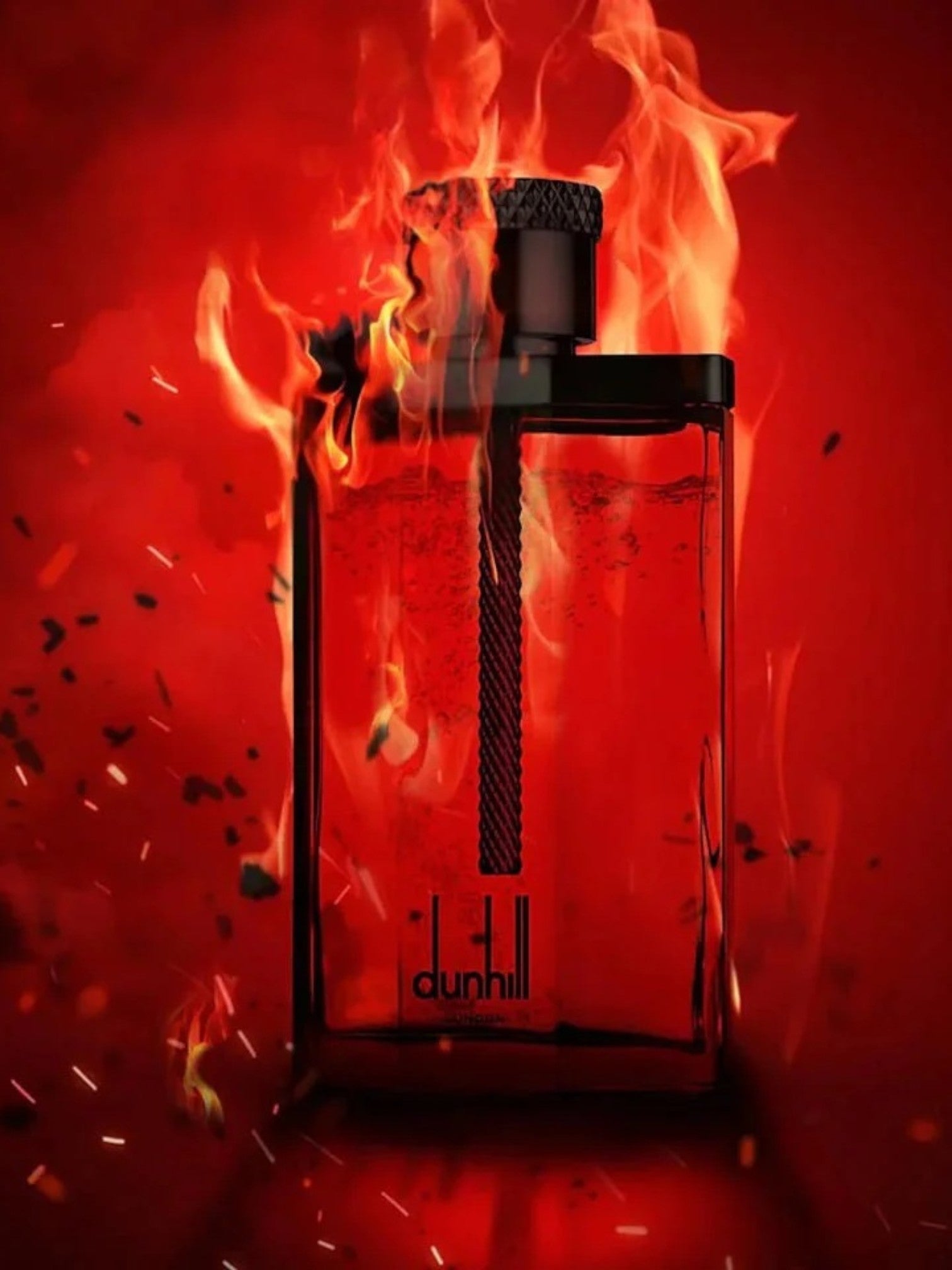 Dunhill perfume bottle on fire with a red background. Dunhill, Monza Outlet, Monza Fashion, Shein Outlet