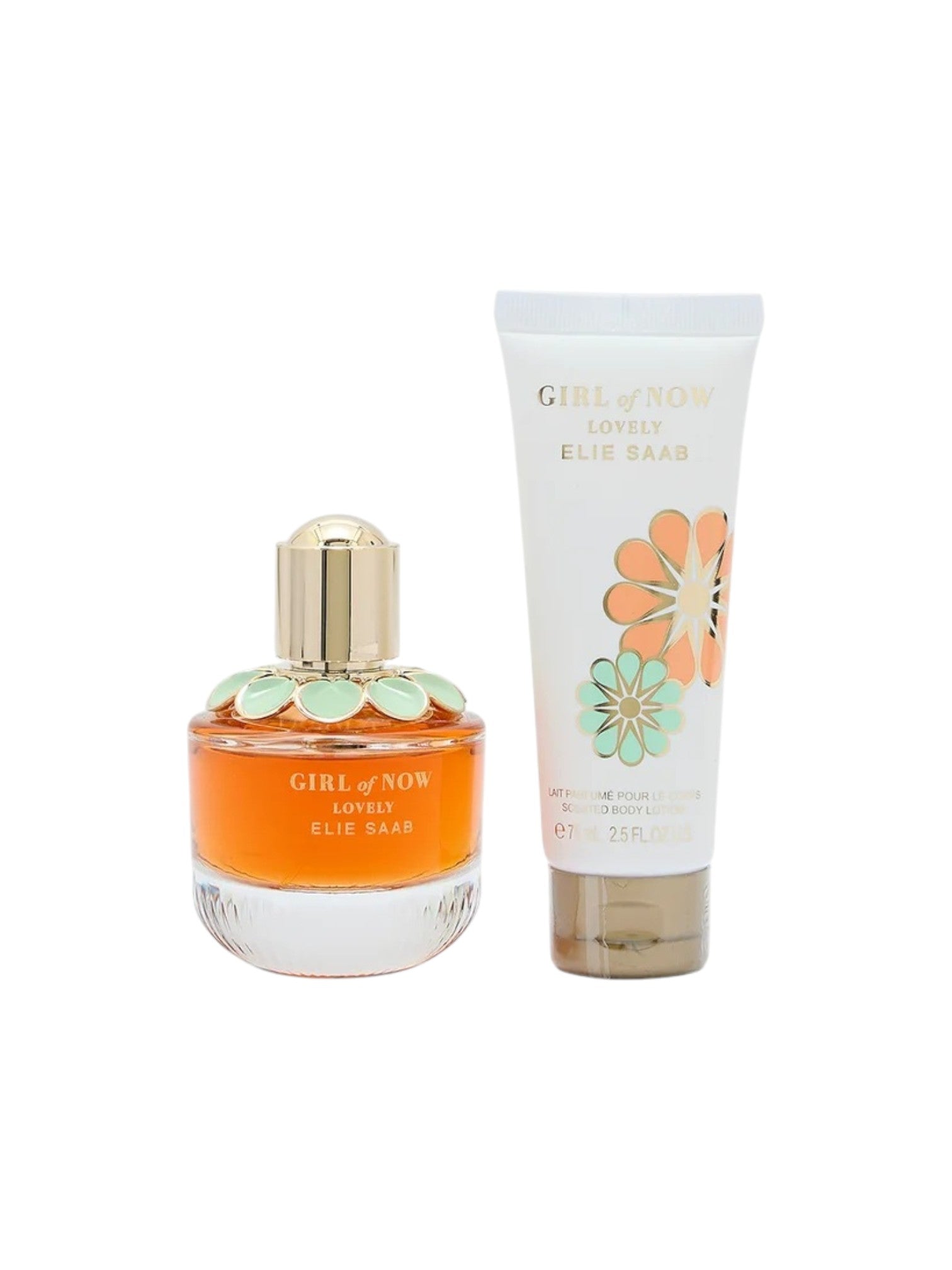 Perfume bottle and tube of lotion with floral design on a white background. Elie Saab, Monza Outlet, Monza Fashion, Shein Outlet