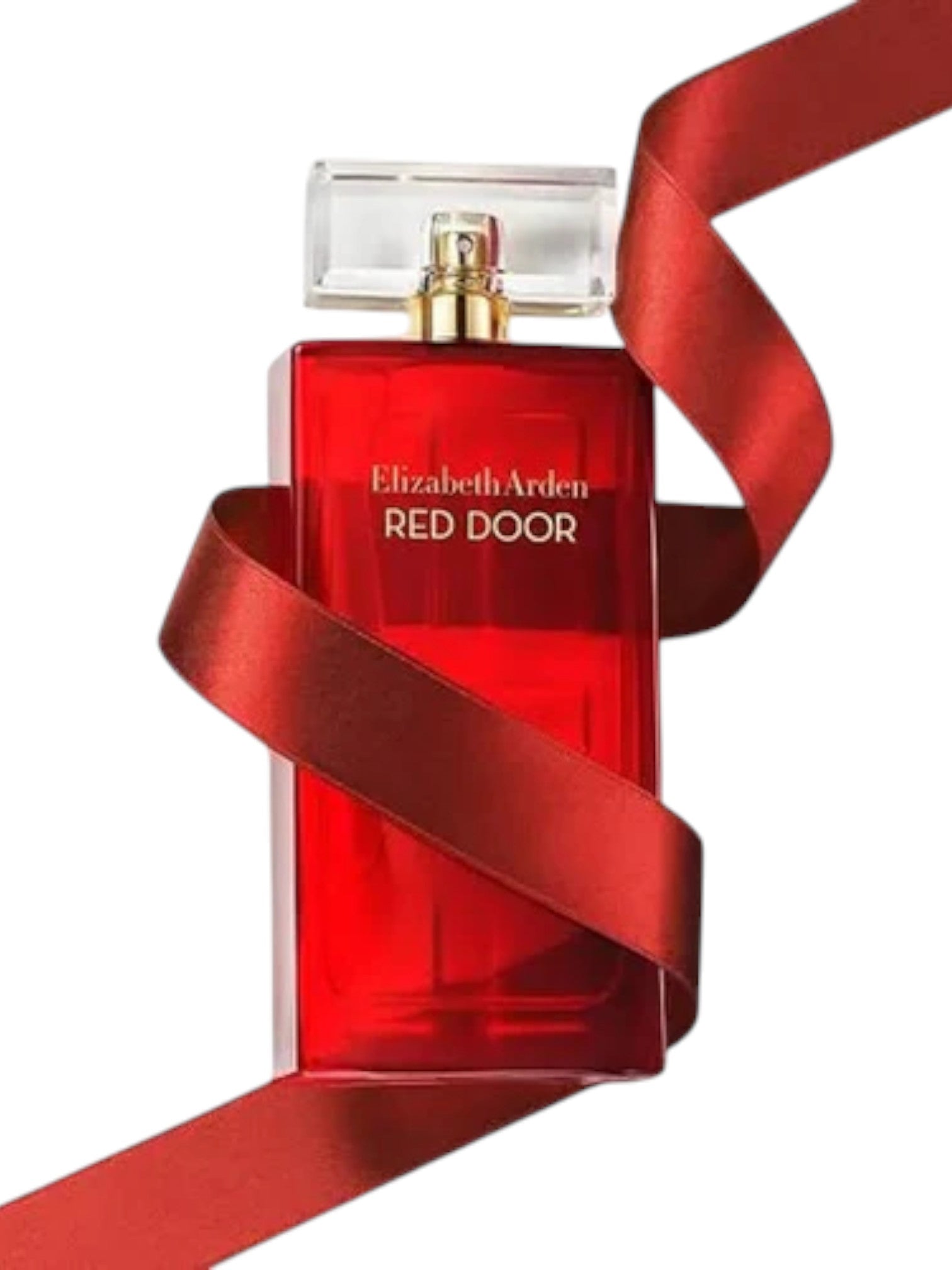 Red Elizabeth Arden perfume bottle with a red ribbon on a white background. Elizabeth Arden, Monza Outlet, Monza Fashion, Shein Outlet