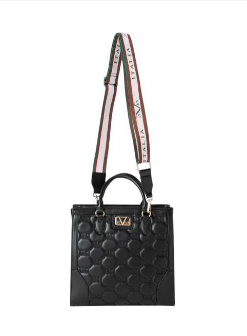 Black quilted handbag with a colorful strap on a white background monza outlet, Shein outlet, monza fashion