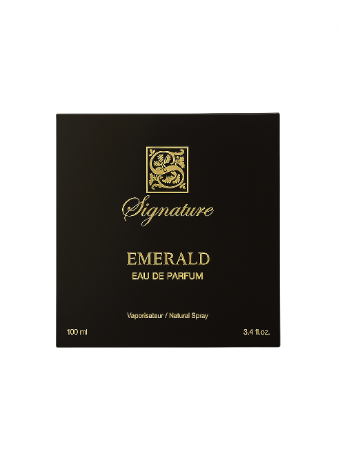 Black and gold perfume box labeled Signature Emerald Eau de Parfum on a white background Signature Monza Outlet