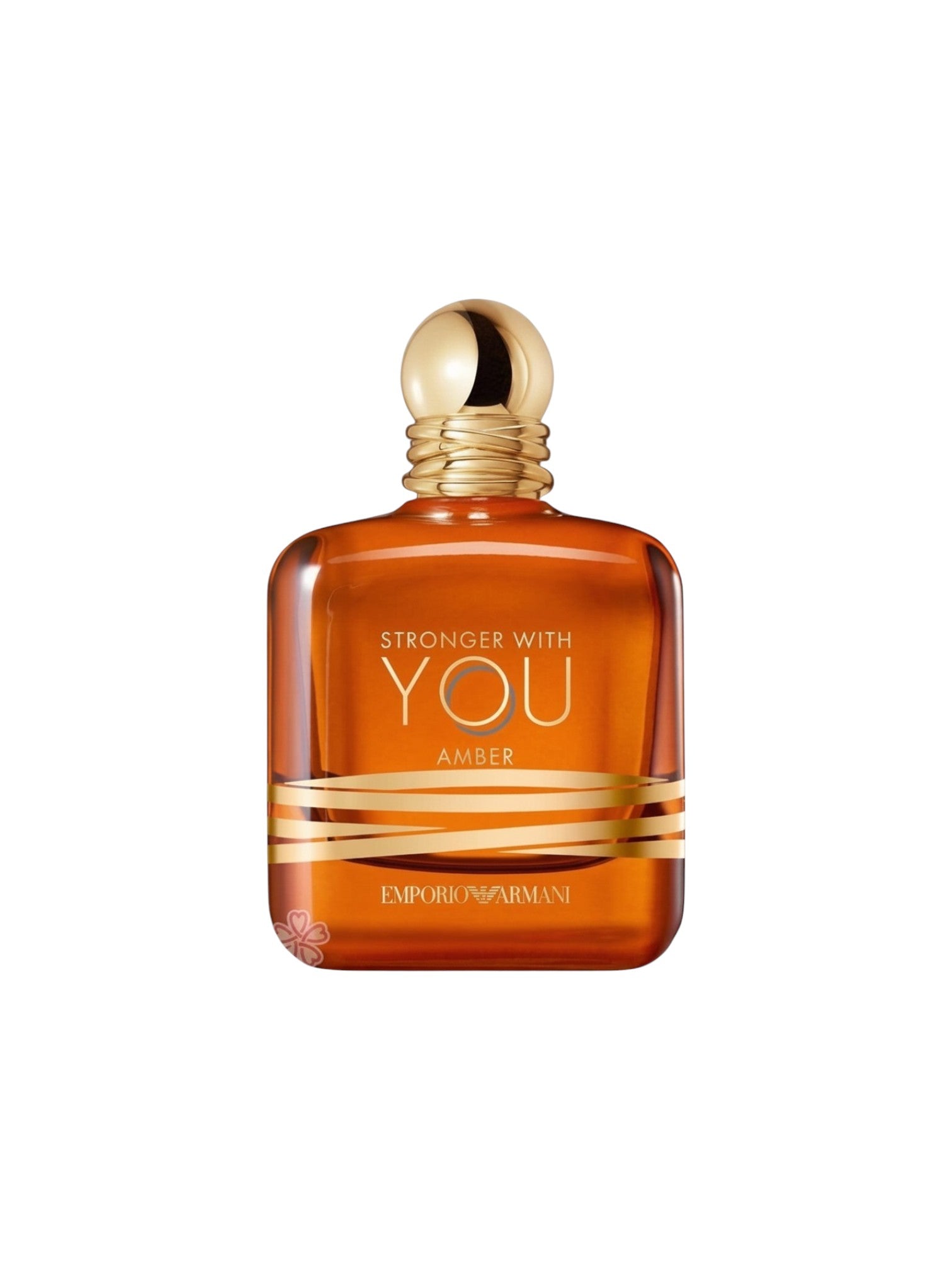 Amber Emporio Armani Stronger With You Eau de Parfum bottle, featuring a translucent amber glass bottle with gold metallic accents and a gold spherical cap, set against a plain white background. Emporio Armani, Monza Outlet, Monza Fashion, Shein Outlet