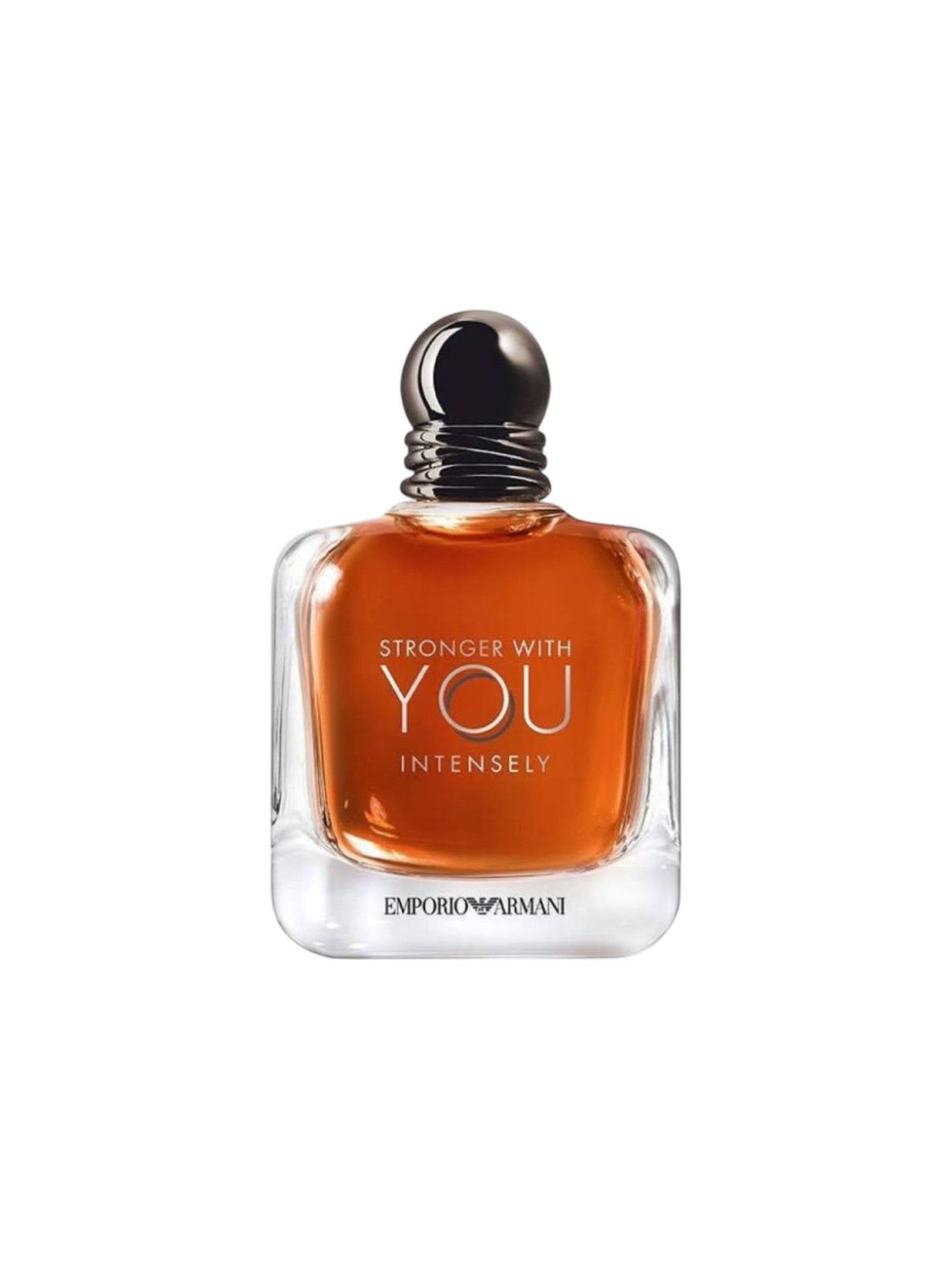 Emporio Armani Stronger With You Intensely fragrance bottle, featuring a clear glass bottle filled with amber-orange liquid and a black spherical cap, set against a plain white background. Emporio Armani, Monza Outlet, Monza Fashion, Shein Outlet