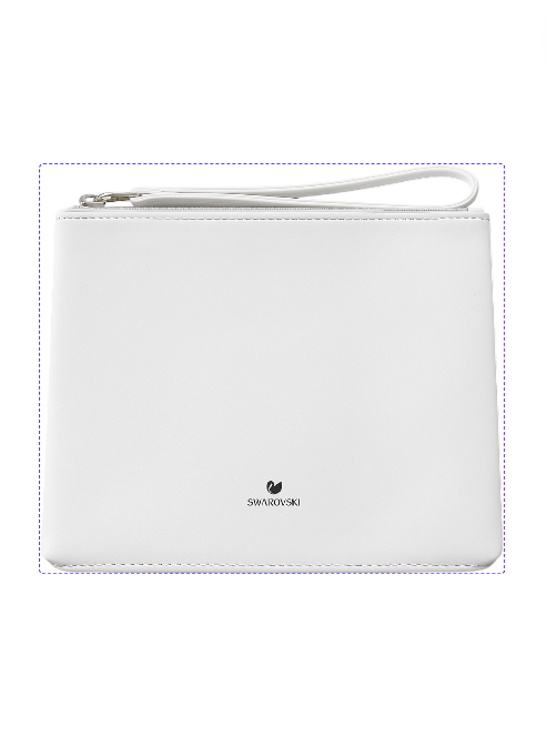 White clutch bag with a brand logo on a white background