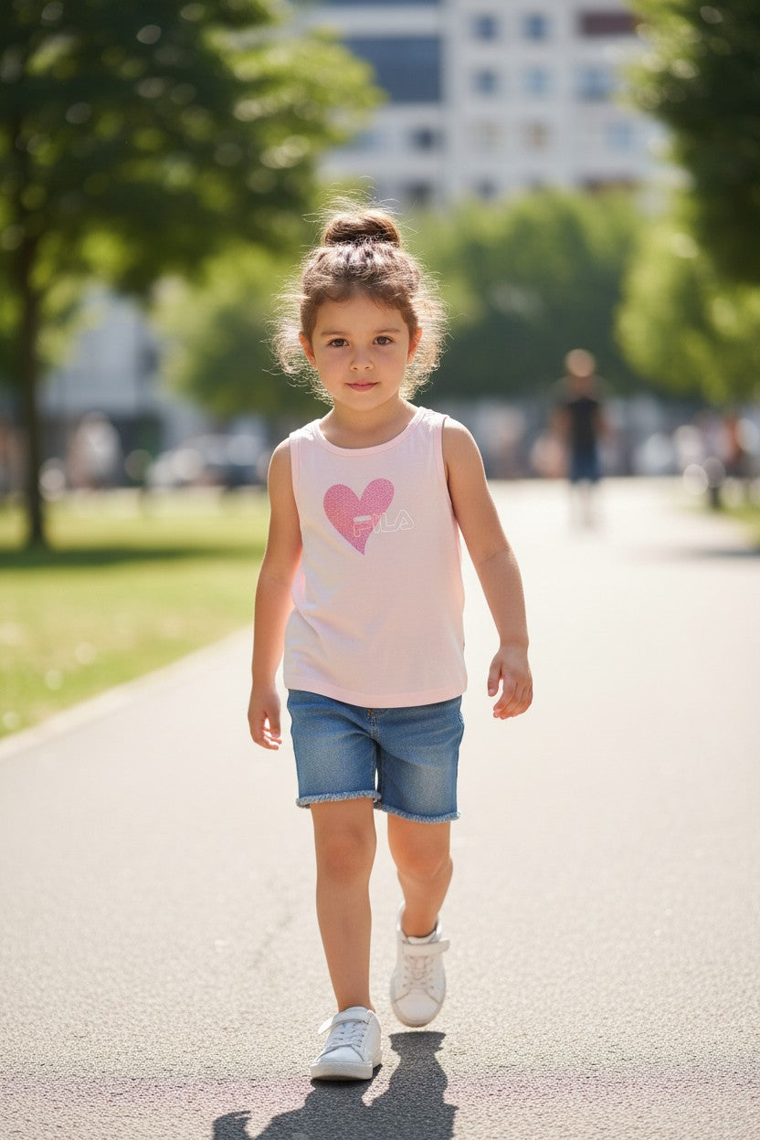 Young girl walking on a path in a park wearing a pink tank top with a heart design and blue shorts. Fila, Monza Outlet, Monza Fashion, Shein Outlet