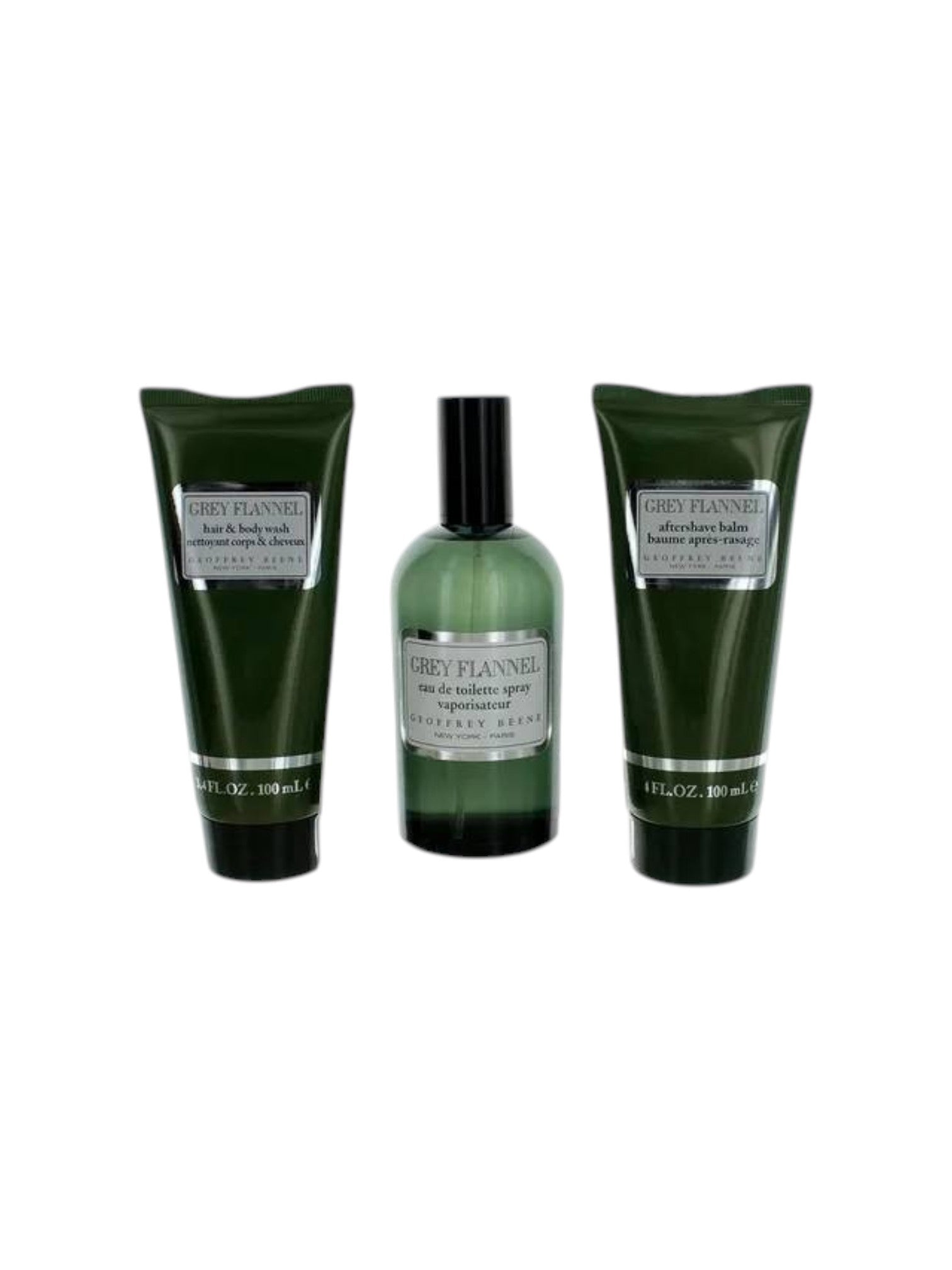Three green bottles with labels on a white background. Geoffrey Beene, Monza Outlet, Monza Fashion, Shein Outlet