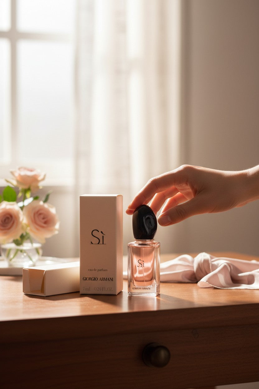 Hand opening a perfume bottle labeled 'Si' on a wooden surface with a soft, blurred background. Giorgio Armani, Monza Outlet, Monza Fashion, Shein Outlet