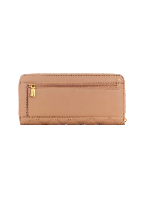 Tan wallet with a gold zipper on a white background, Guess, Monza Outlet, Monza Fashion, Shein Outlet