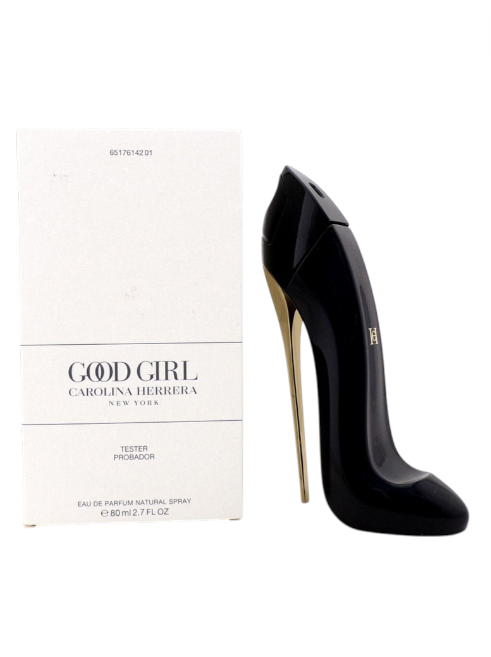 Black high-heeled shoe with gold heel next to Carolina Herrera Good Girl perfume box on a white background Monza Outlet