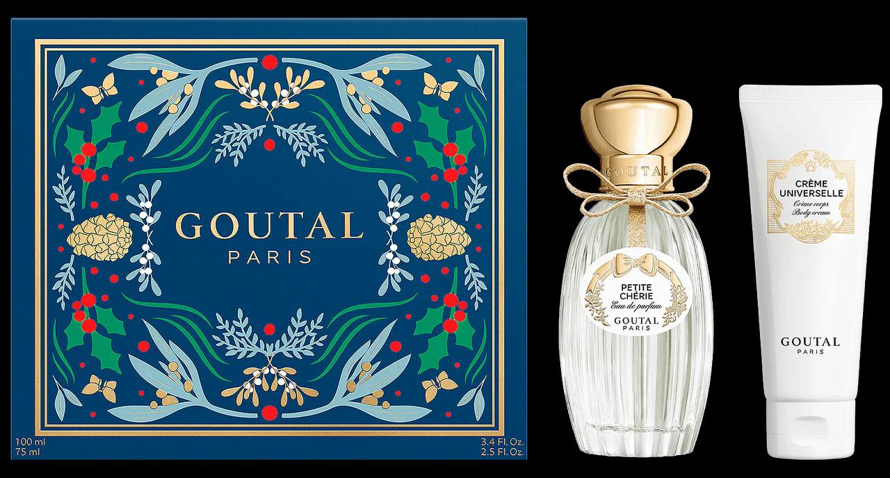 Goutal Paris perfume bottle and cream with decorative box on a black background Monza Outlet