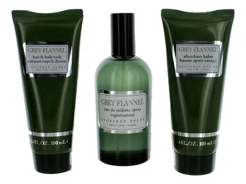 Three bottles of Grey Flannel perfume and aftershave by Geoffrey Beene on a white background. Monza Outlet