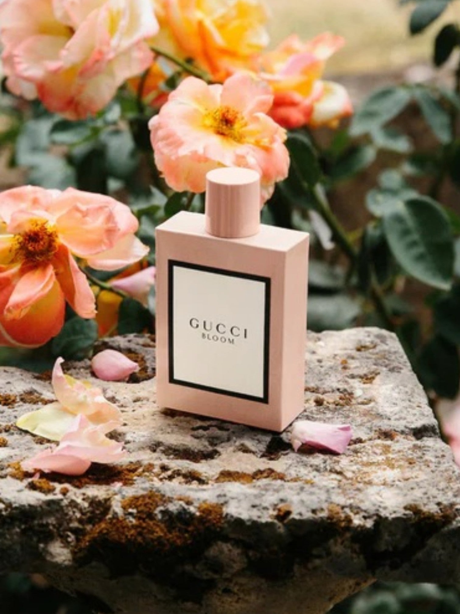 Gucci Bloom perfume bottle on a stone surface with flowers in the background monza outlet, Shein outlet, monza fashion