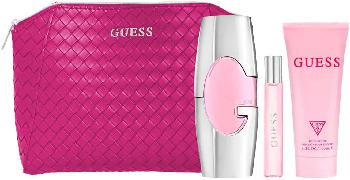 Guess beauty product set with pink pouch, silver bottle, and pink bottle and tube on a white background Guess Monza Outlet