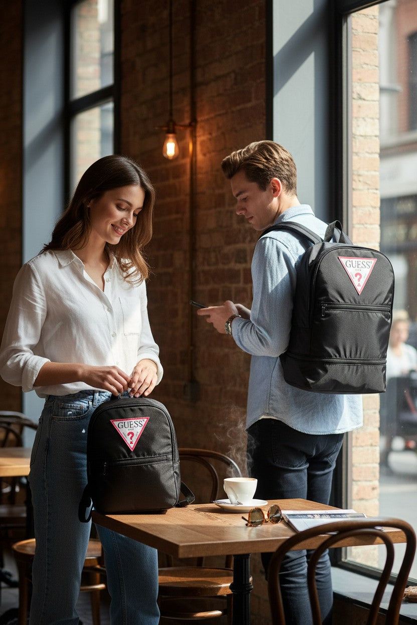 Two people with backpacks standing in a cafe. Guess, Monza Outlet, Monza Fashion, Shein Outlet