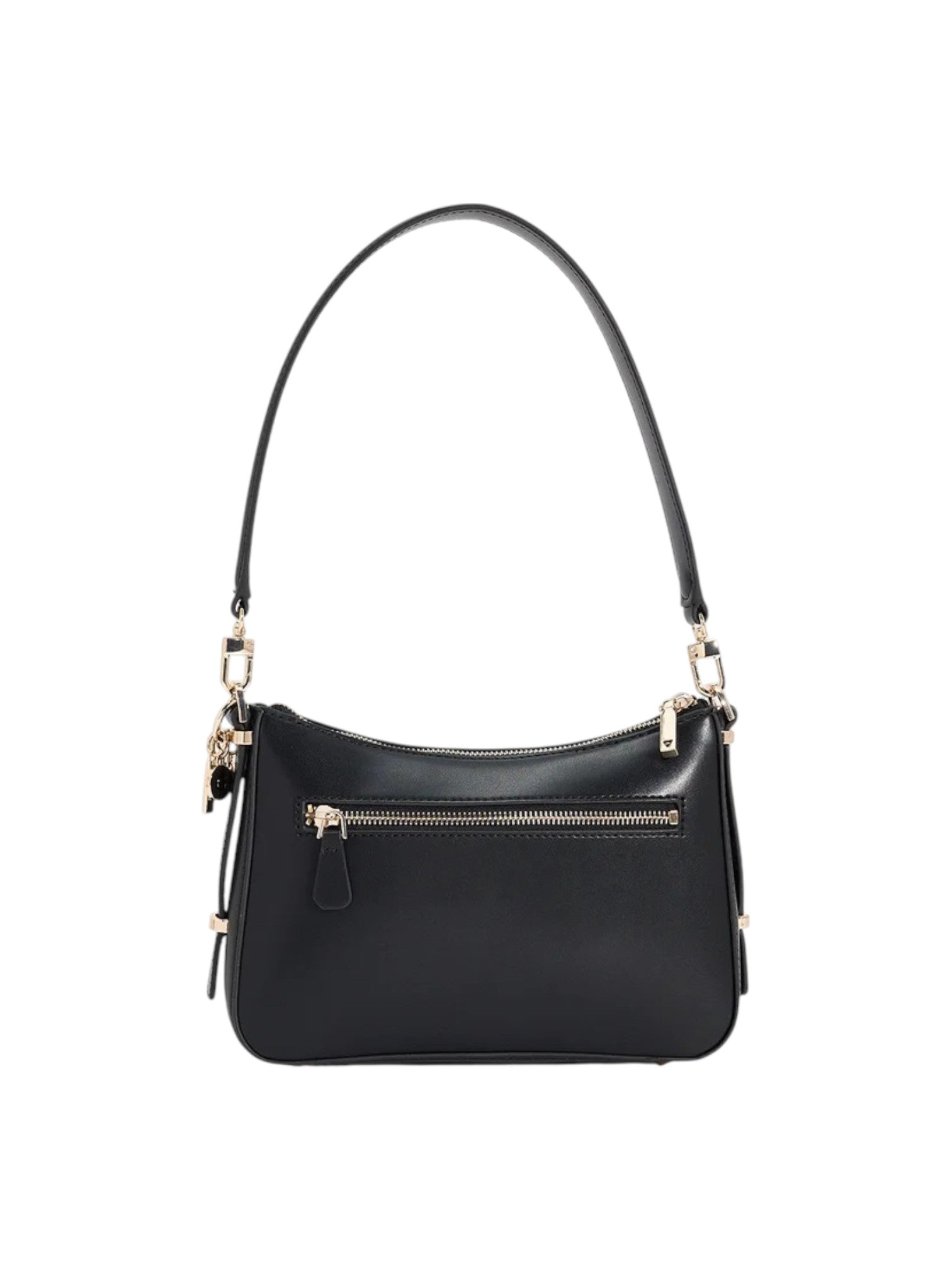 Black handbag with gold zippers on a white background. Guess, Monza Outlet, Monza Fashion, Shein Outlet