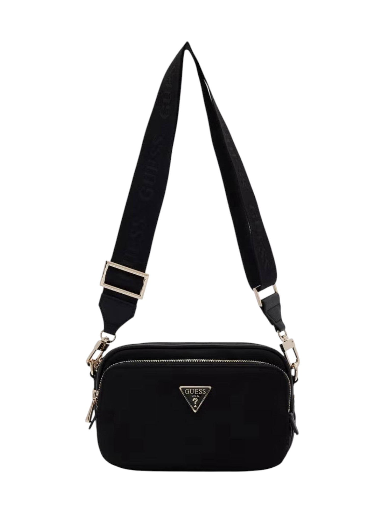 Black crossbody bag with a visible brand logo on a white background. Guess, Monza Outlet, Monza Fashion, Shein Outlet