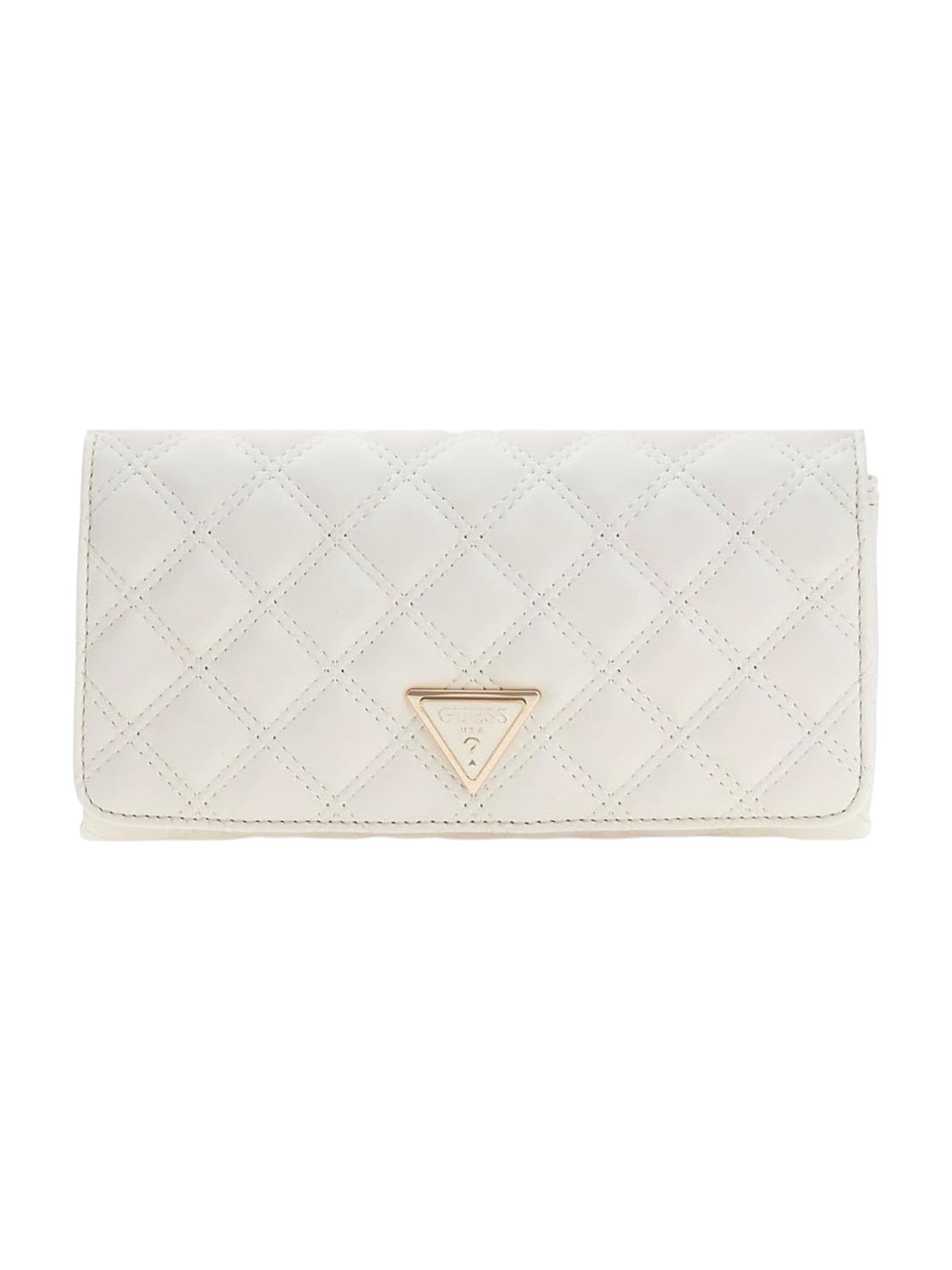 White quilted wallet with a gold logo on a white background. Guess, Monza Outlet, Monza Fashion, Shein Outlet