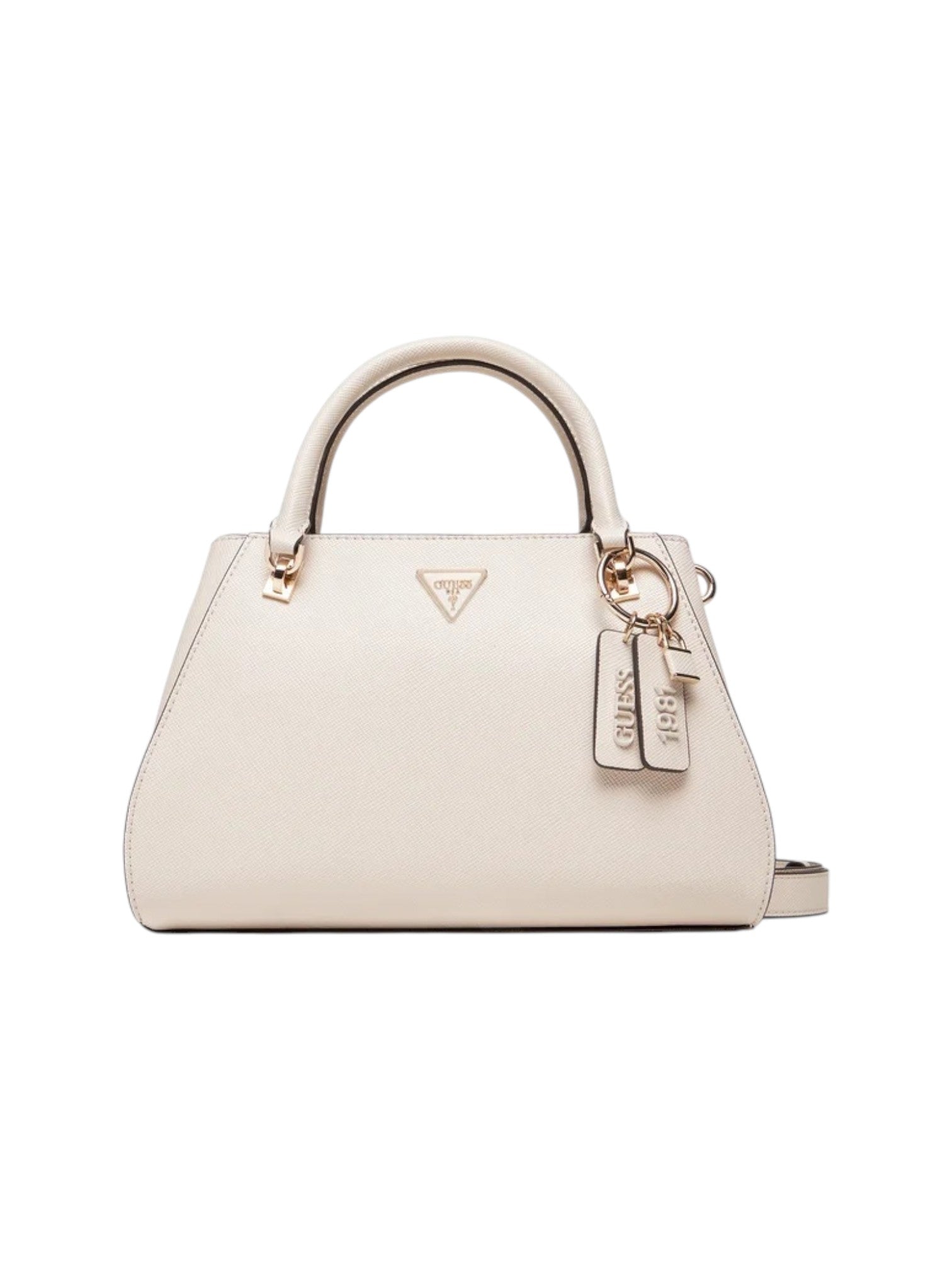 White handbag with gold accents on a white background. Guess, Monza Outlet, Monza Fashion, Shein Outlet
