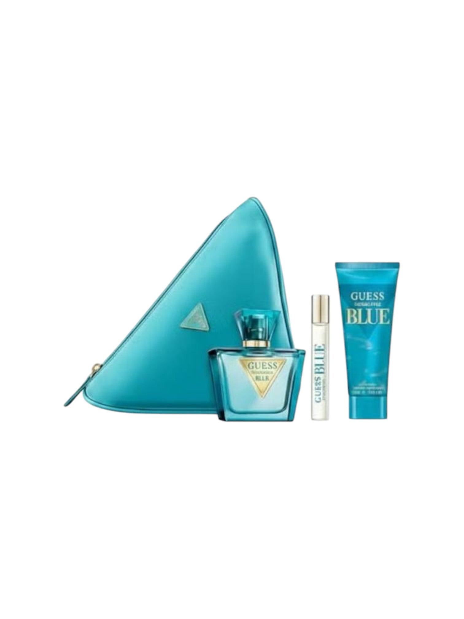 Guess Blue perfume set with triangle-shaped container on a white background. Guess, Monza Outlet, Monza Fashion, Shein Outlet