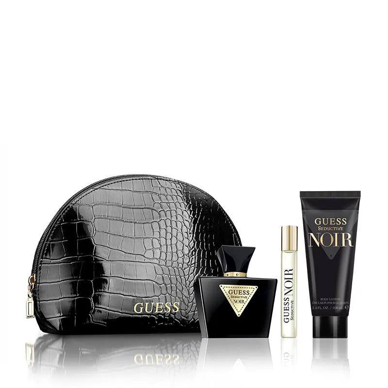 Guess perfume set with black crocodile-textured bag on a white background Guess Monza Outlet