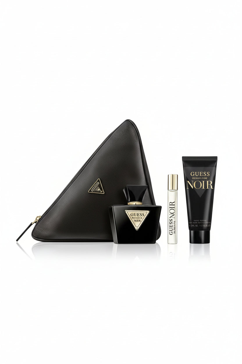 Guess Noir perfume set with black pouch, bottles, and a small white container on a white background. Guess, Monza Outlet, Monza Fashion, Shein Outlet