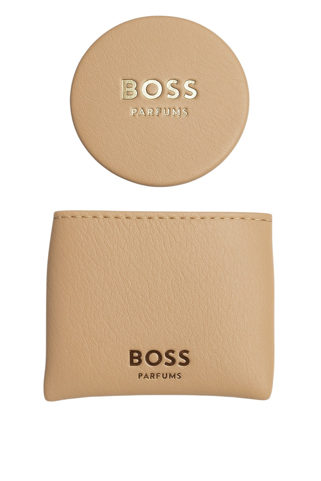 Beige leather case with round top for BOSS Parfums on a white background Boss Parfums Monza Outlet