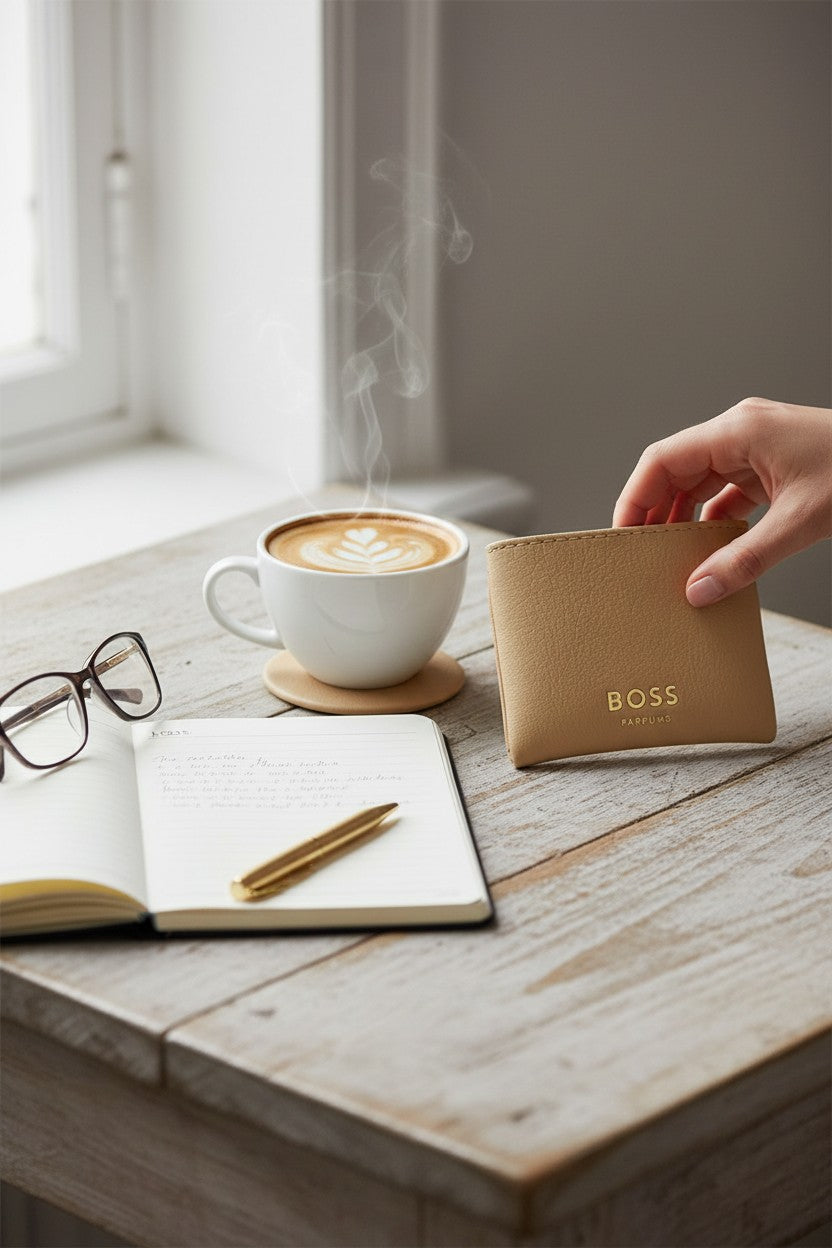 Hand holding a BOSS notebook next to a cup of coffee and open book on a wooden table. Hugo Boss, Monza Outlet, Monza Fashion, Shein Outlet