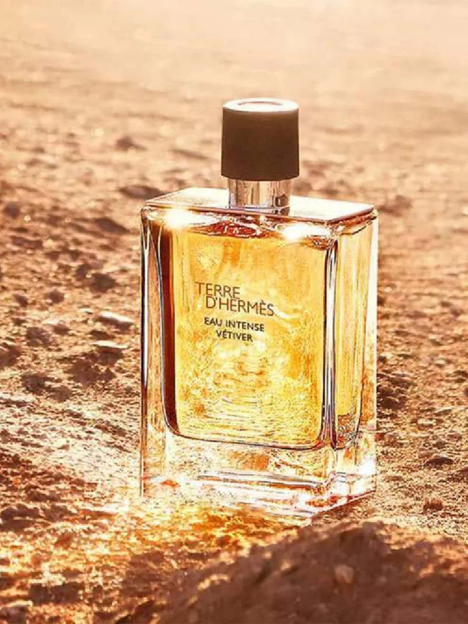 Perfume bottle labeled 'Terre d'Hermes' on a sandy background monza outlet, Shein outlet, monza fashion