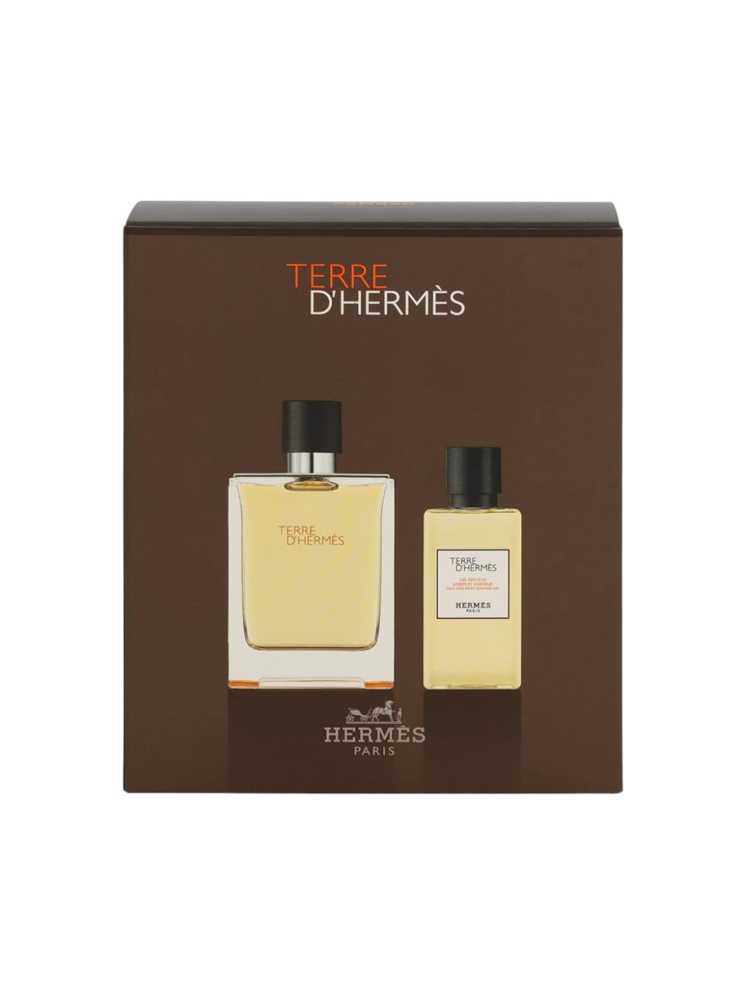 Hermes Terre d'Hermes perfume set with two bottles on a brown box. Hermes, Monza Outlet, Monza Fashion, Shein Outlet