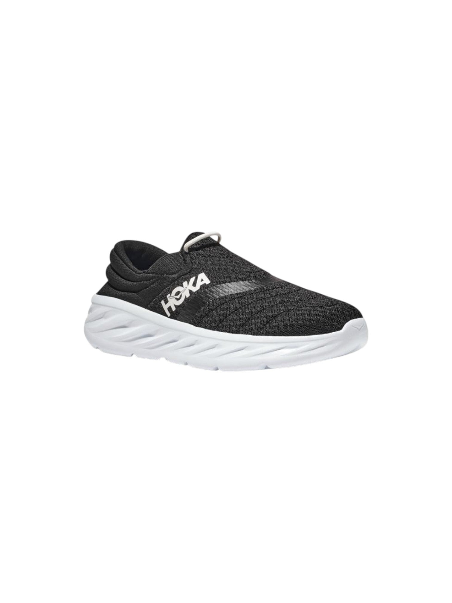 Black running shoe with white sole on a white background. Hoka, Monza Outlet, Monza Fashion, Shein Outlet
