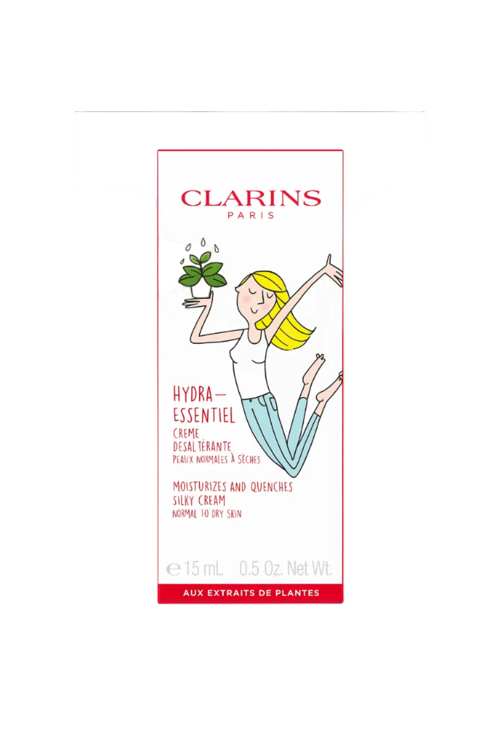 Clarins Hydra-Essentiel skincare product packaging with a woman illustration on a white background. Clarins, Monza Outlet, Monza Fashion, Shein Outlet