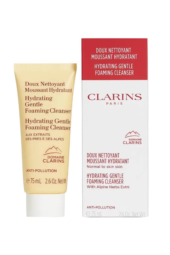 Clarins hydrating gentle foaming cleanser packaging on a white background monza outlet, Shein outlet, monza fashion
