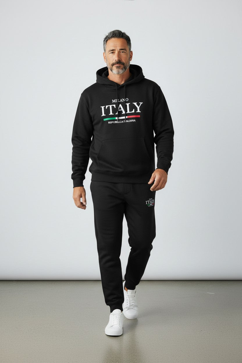 Man wearing a black hoodie with Made in Italy text on a plain background. Antler, Monza Outlet, Monza Fashion, Shein Outlet