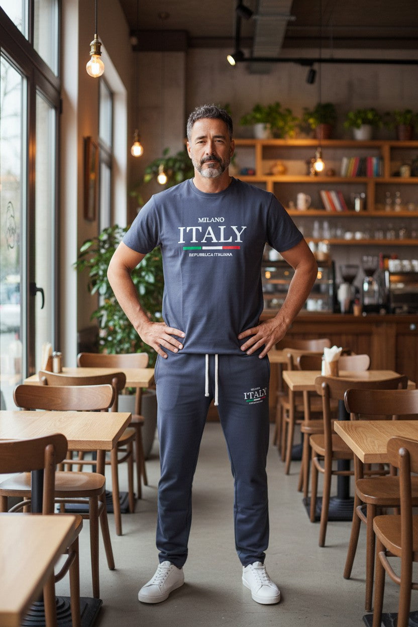 Man wearing a blue Milano Italy t-shirt in a restaurant setting. Antler, Monza Outlet, Monza Fashion, Shein Outlet