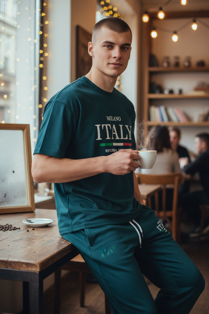 Man in teal outfit holding a cup in a cozy indoor setting. Antler, Monza Outlet, Monza Fashion, Shein Outlet