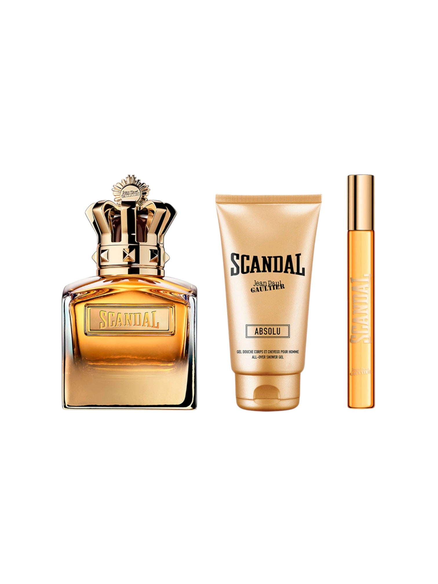 Scandal perfume set with a bottle, lotion, and rollerball on a white background. Jean Paul Gaultier, Monza Outlet, Monza Fashion, Shein Outlet