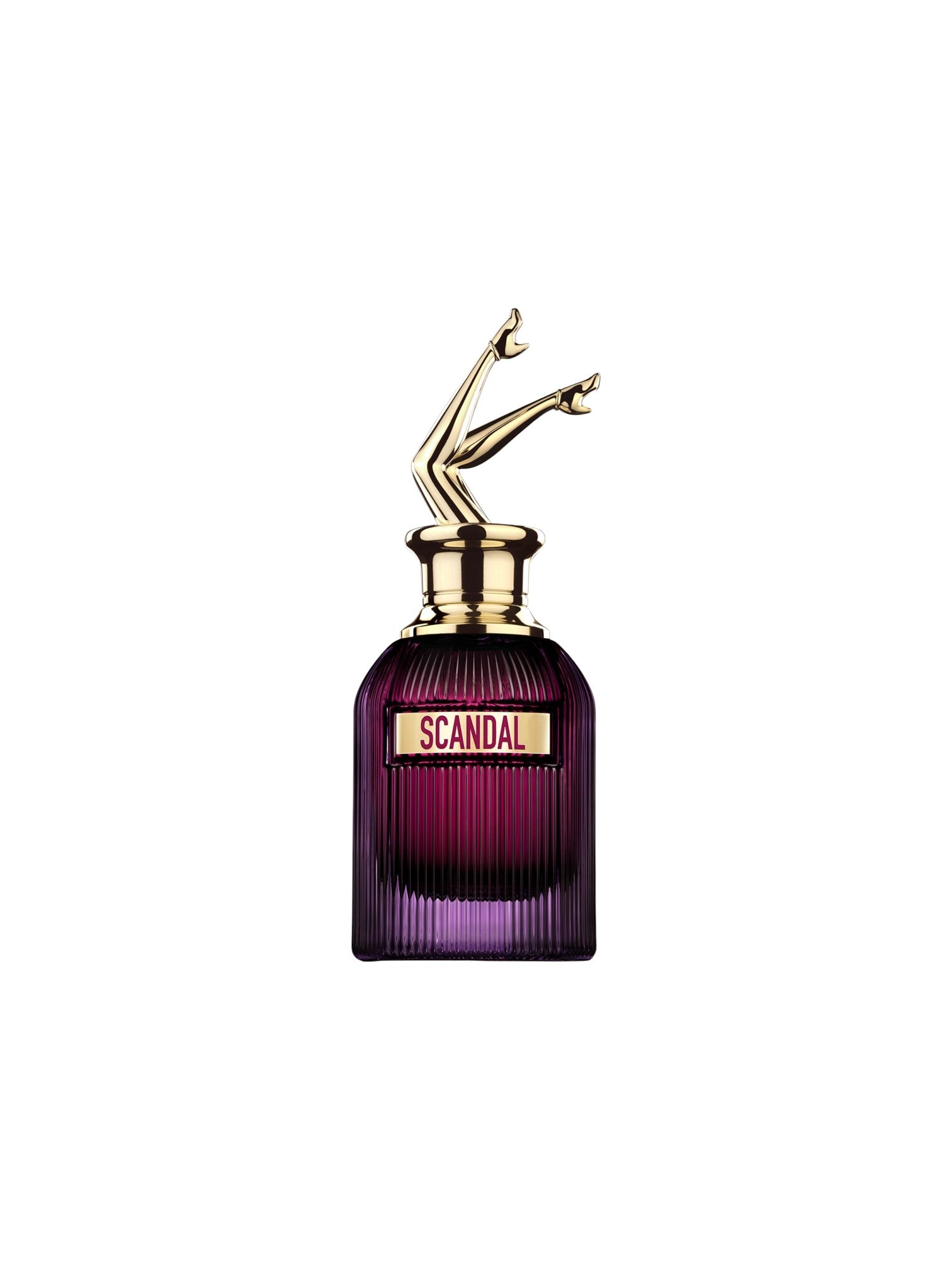 Perfume bottle with gold cap and Scandal label on a white background. Jean Paul Gaultier, Monza Outlet, Monza Fashion, Shein Outlet