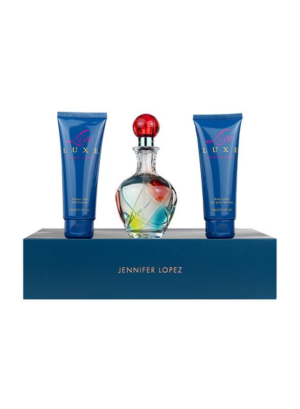 Jennifer Lopez perfume set with two blue bottles and a colorful glass bottle on a white background Monza Outlet