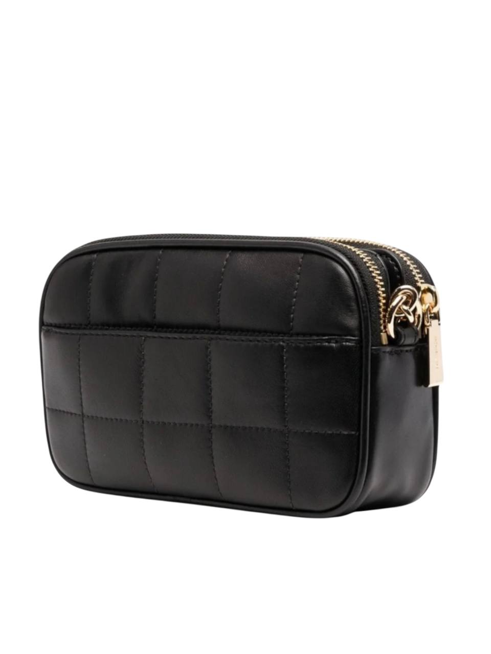 Black quilted handbag with a gold zipper on a white background, Michael Kors, Monza Outlet, Monza Fashion, Shein Outlet