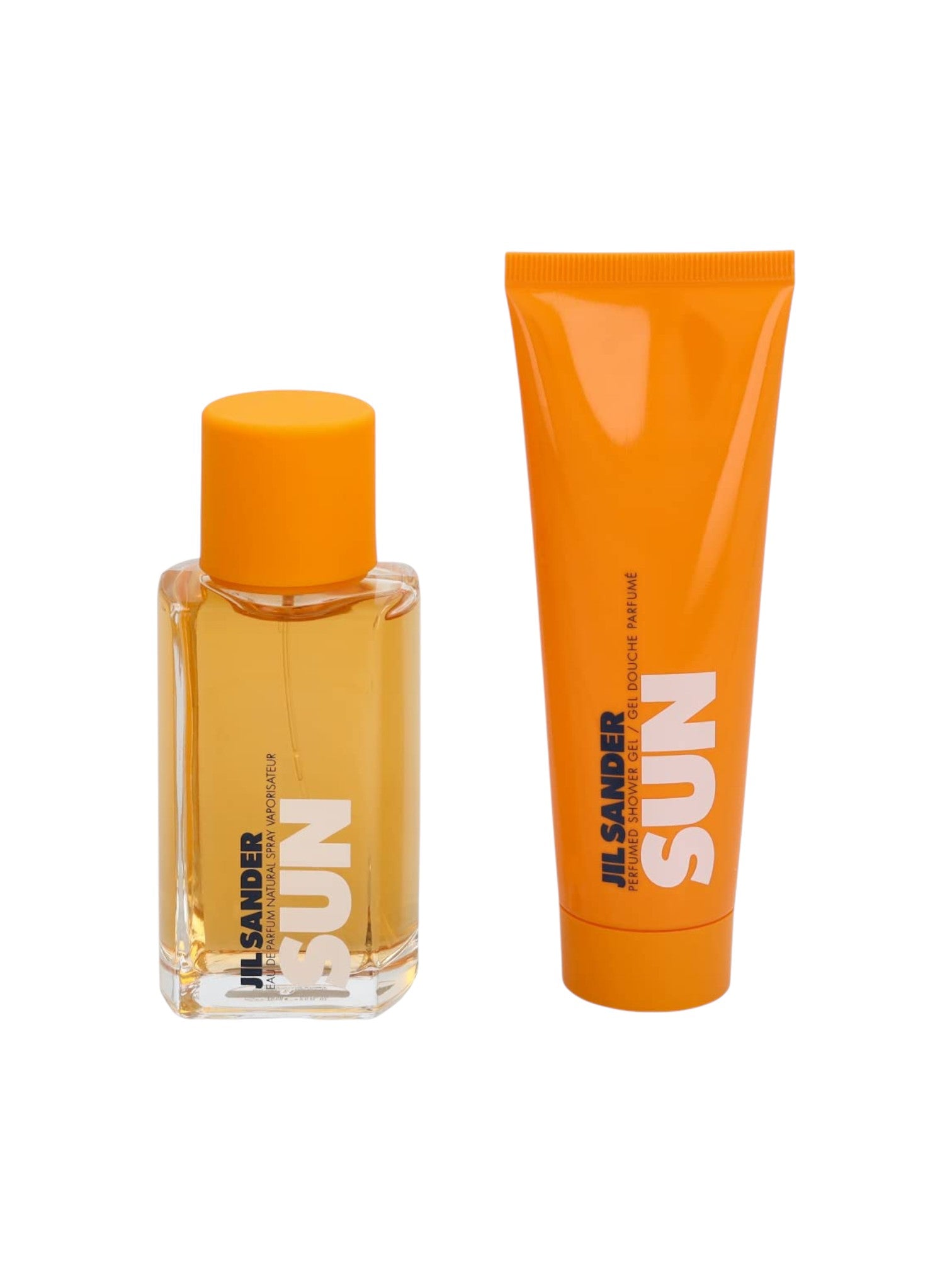 Jil Sander Sun perfume bottle and tube on a white background. Jil Sander Sun, Monza Outlet, Monza Fashion, Shein Outlet