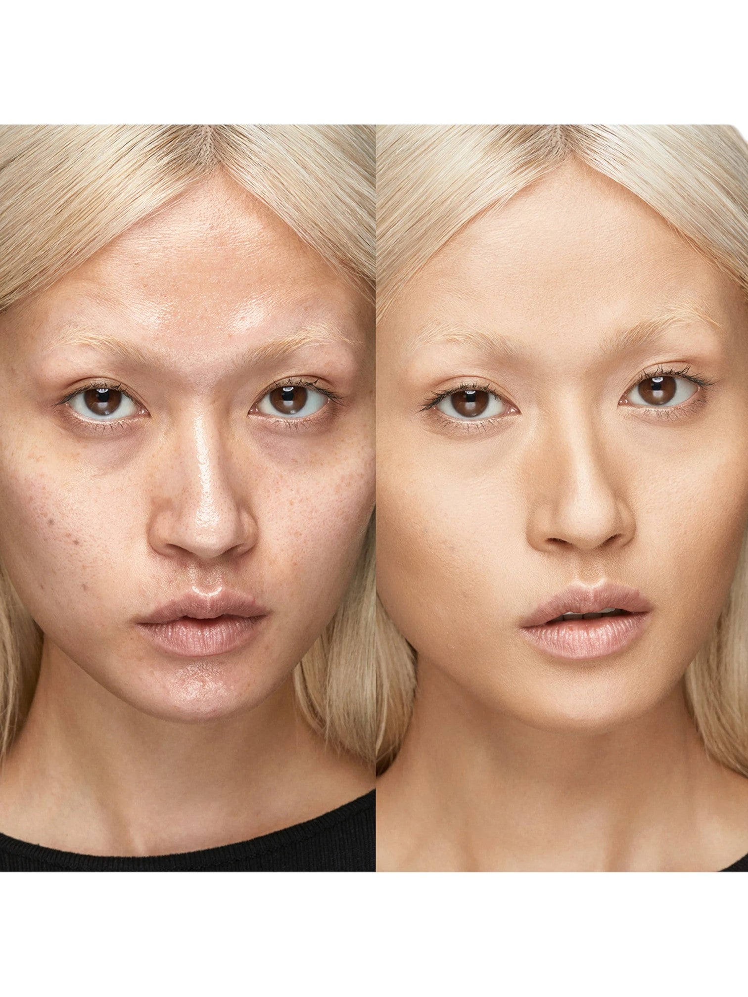 Before and after comparison of a woman's face with blonde hair, showing skin texture and makeup. Kiko Milano, Monza Outlet, Monza Fashion, Shein Outlet