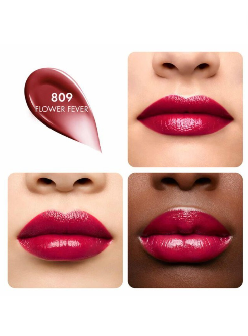 Lipstick shade 809 Flower Fever shown on a model's lips with close-up details. Guerlain Monza Outlet, Monza Fashion, Shein Outlet
