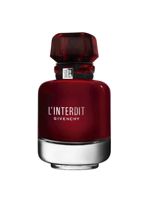 Red Givenchy perfume bottle with 'L'Interdit' text on a white background Monza Outlet