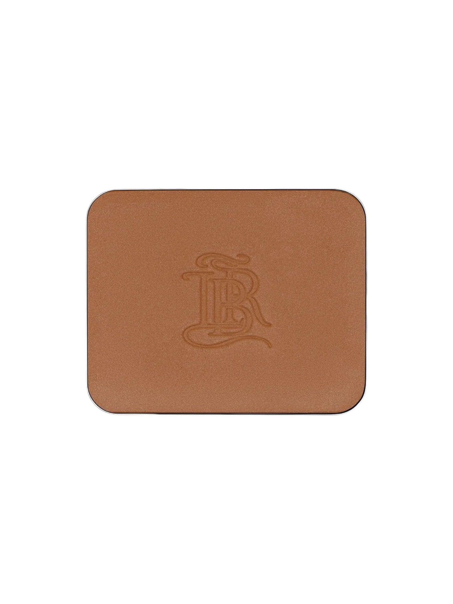 Brown leather coaster with embossed logo on a white background