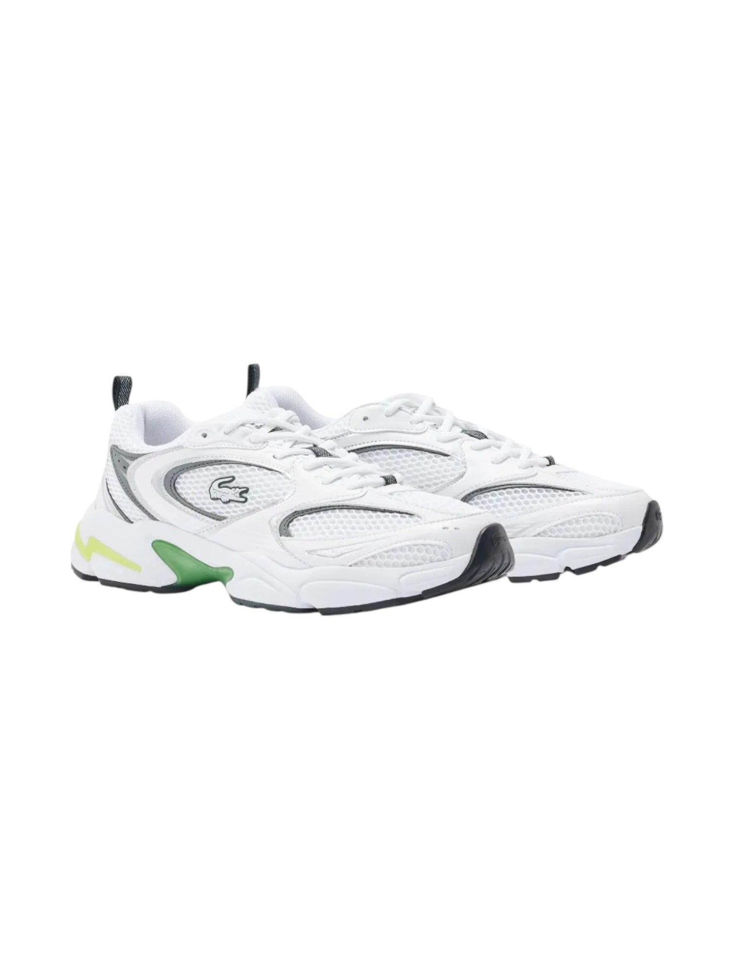 White sneakers with black and green accents on a white background. Lacoste, Monza Outlet, Monza Fashion, Shein Outlet