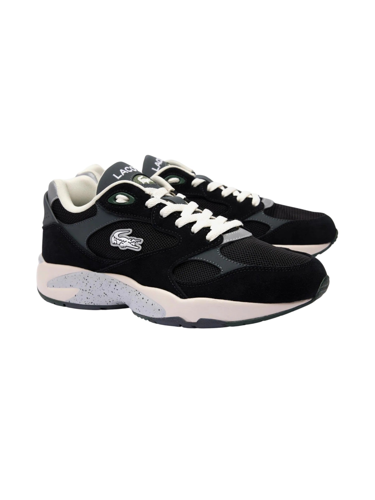 Black and white sneakers with a brand logo on a white background. Lacoste, Monza Outlet, Monza Fashion, Shein Outlet