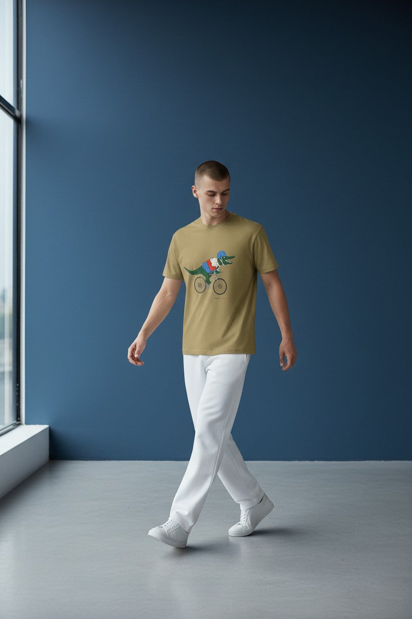Man wearing a beige t-shirt with a colorful graphic design in a minimalistic room. Lacoste, Monza Outlet, Monza Fashion, Shein Outlet